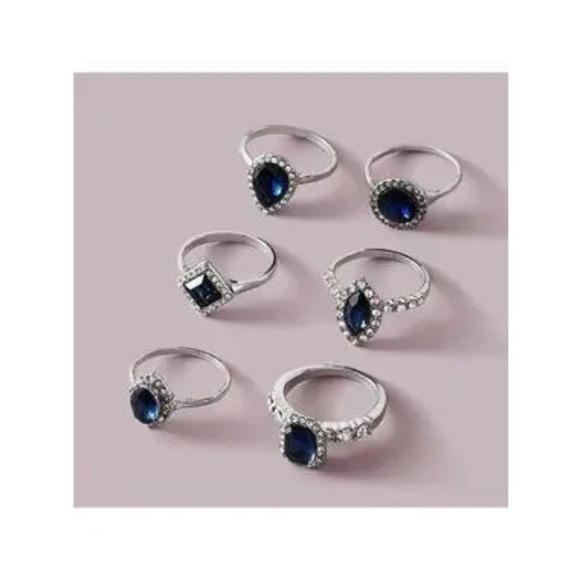 Jewelry - Silver 3/$30 Blue 6pc Rhinestone Geometric Midi Ring Set